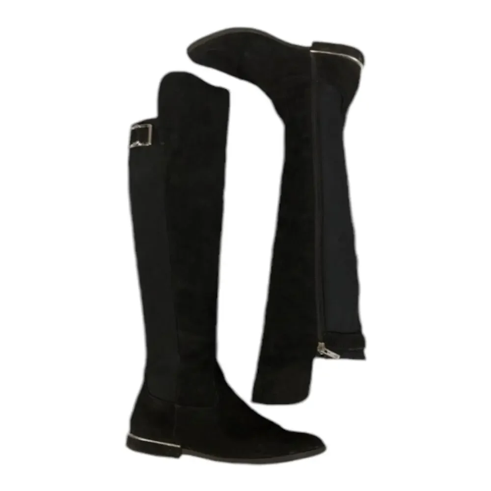 Calvin Klein Presley over knee black Faux Suede boots Silver Hardwear size 7